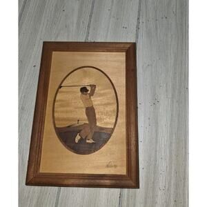 Vtg Nelson Hudson River Wood Inlay Golfer Picture Marquetry Wood Portrait Art